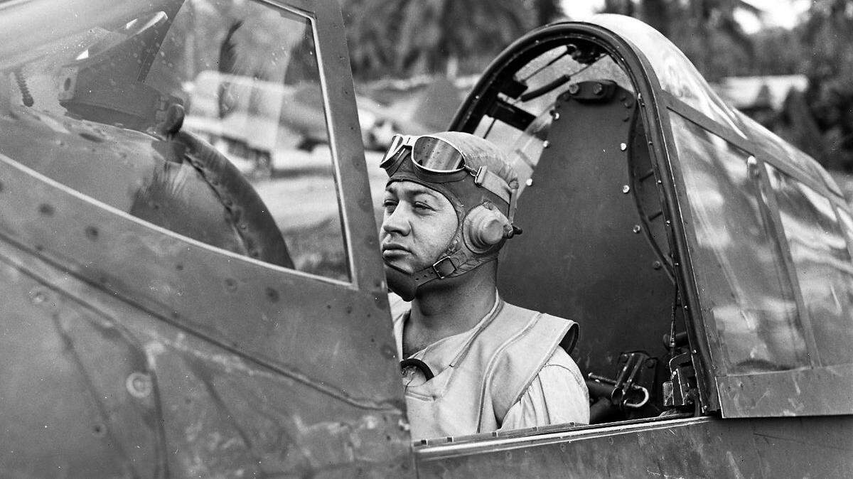 Gregory “Pappy” Boyington prepares to take off from Guadalcanal on May 1, 1943. Boyington flew for eight months with the Flying Tigers, a volunteer American group in China.