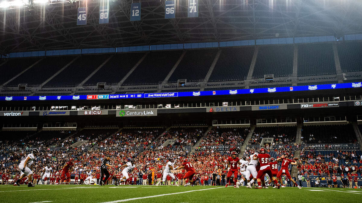 Kennedy Catholic’s Sam Huard (7) throws a pass in the first quarter. Kennedy Catholic played Bethel in a high school football game at CenturyLink Field in Seattle, Wash., on Friday, Sept. 6, 2019.