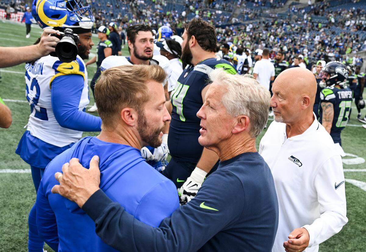 Los Angeles Rams head coach Sean McVay and Seattle Seahawks head coach Pete Carroll hug after Los Angeles Rams 30–13 victory at Lumen Field, Sunday, Sept. 10, 2023, Seattle, Wash.