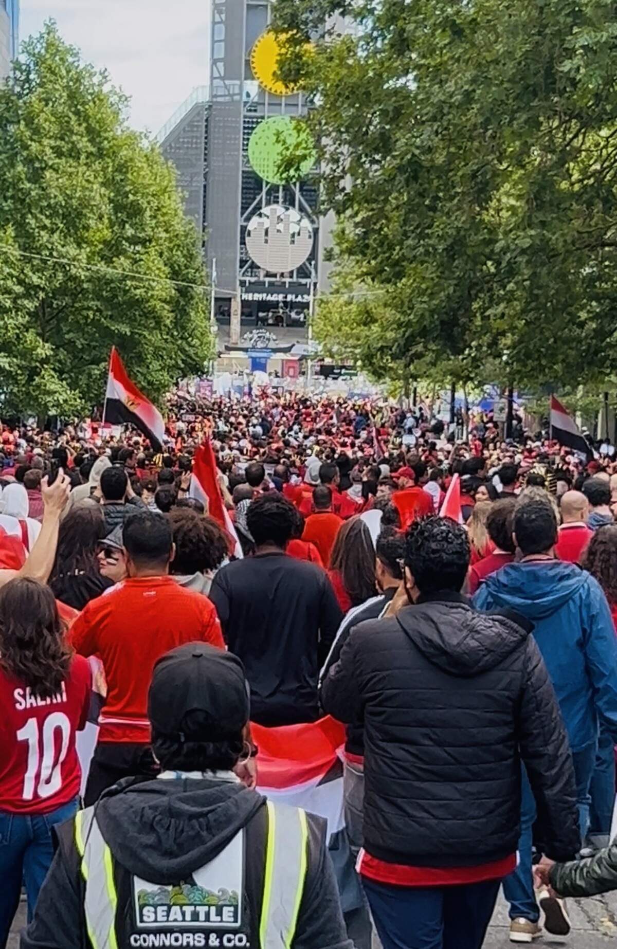 Fans of Egypt march from Pioneer Square in downtown Seattle to Lumen Field before the start of the World Cup match against Iran at what FIFA is calling “Seattle Stadium” Friday, June 26, 2026.