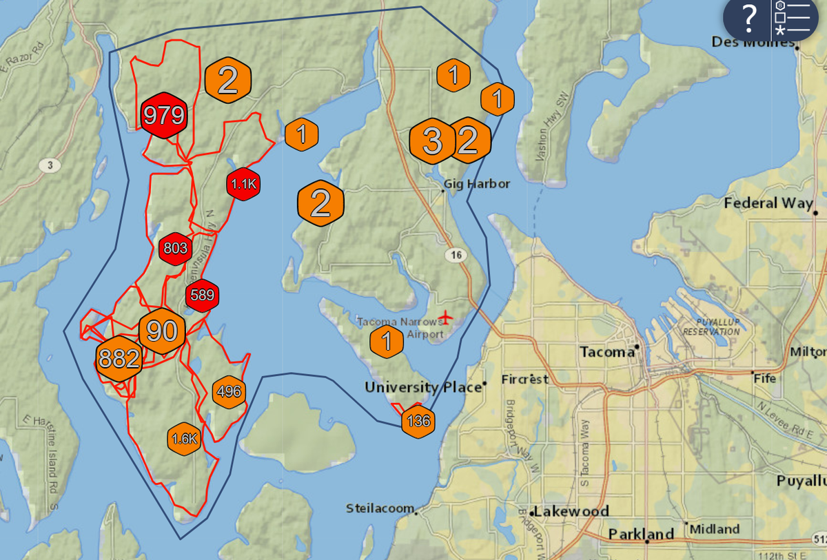 The PenLight outage map showed thousands without power at around 5:30 p.m. Wednesday, Dec. 10, 2025 on the Key Peninsula.