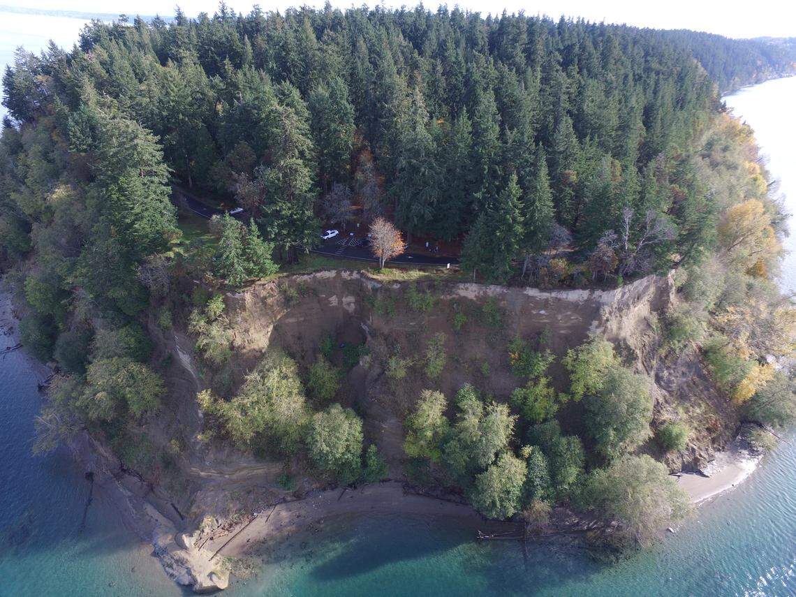 An aerial drone photo of erosion at Point Defiance Park in Tacoma.