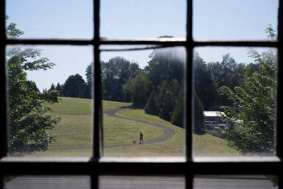 A person and their dog walk through the park at Edgewood City Hall, seen from the second floor of the Nyholm Windmill, on Thursday, June 20, 2024, in Edgewood, Wash.