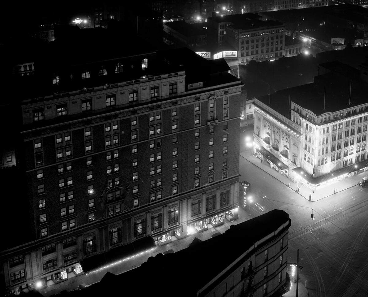 An archival photo of the Winthrop Hotel, left, and Pantages Theater.