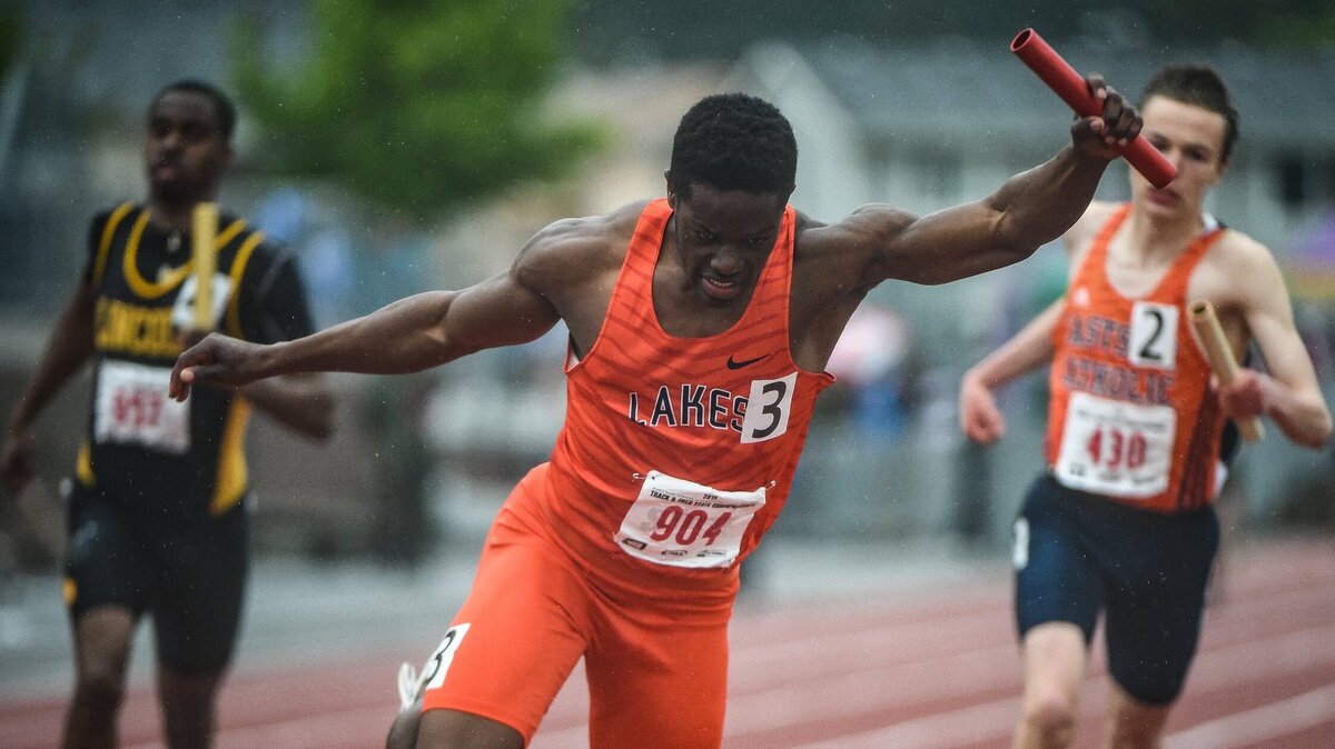 Lakes’ Dorien Simon crosses the finish line as Lakes 4x100 meter relay team wins during the WIAA State Track and Field Championships at Mount Tahoma High School in Tacoma, Wash., on Saturday, May 25, 2019.