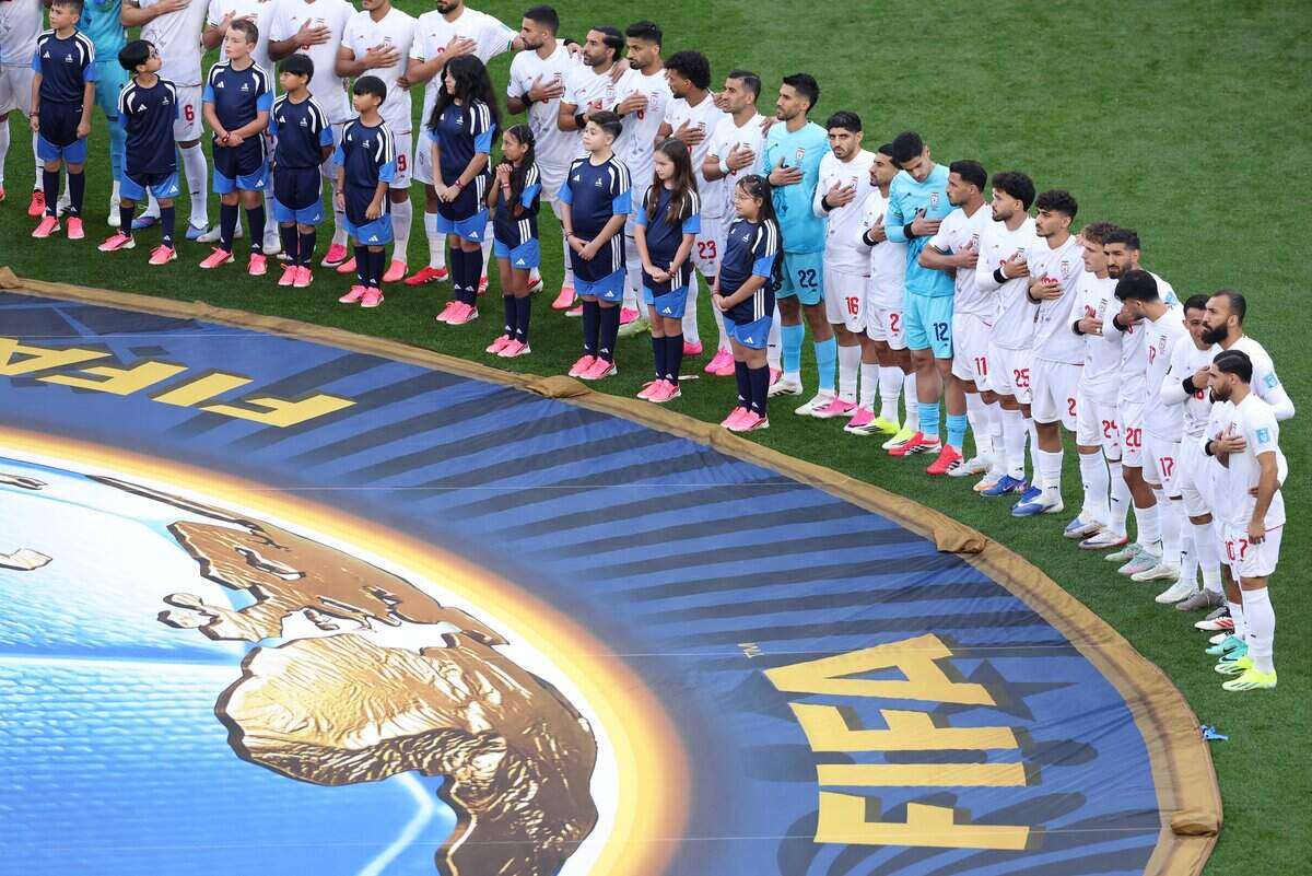 SEATTLE, WASHINGTON - JUNE 26: The Iran team pictured during the national anthem during the FIFA World Cup 2026 Group G match between Egypt and IR Iran at Seattle Stadium on June 26, 2026 in Seattle, Washington. (Photo by Stu Forster/Getty Images)