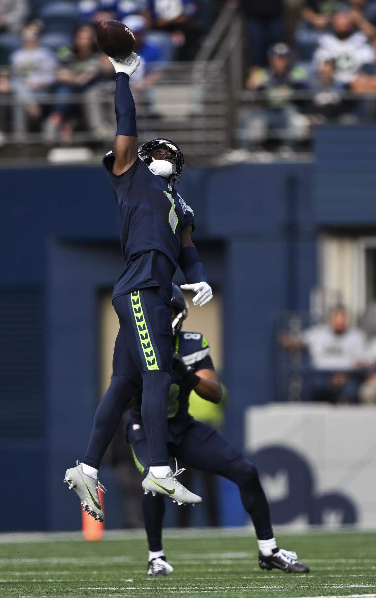 Seattle Seahawks cornerback Derion Kendrick (1) bats down a pass intended for New Orleans Saints wide receiver Brandin Cooks (10) during the second quarter of the game at Lumen Field, on Sunday, Sept. 21, 2025 in Seattle.