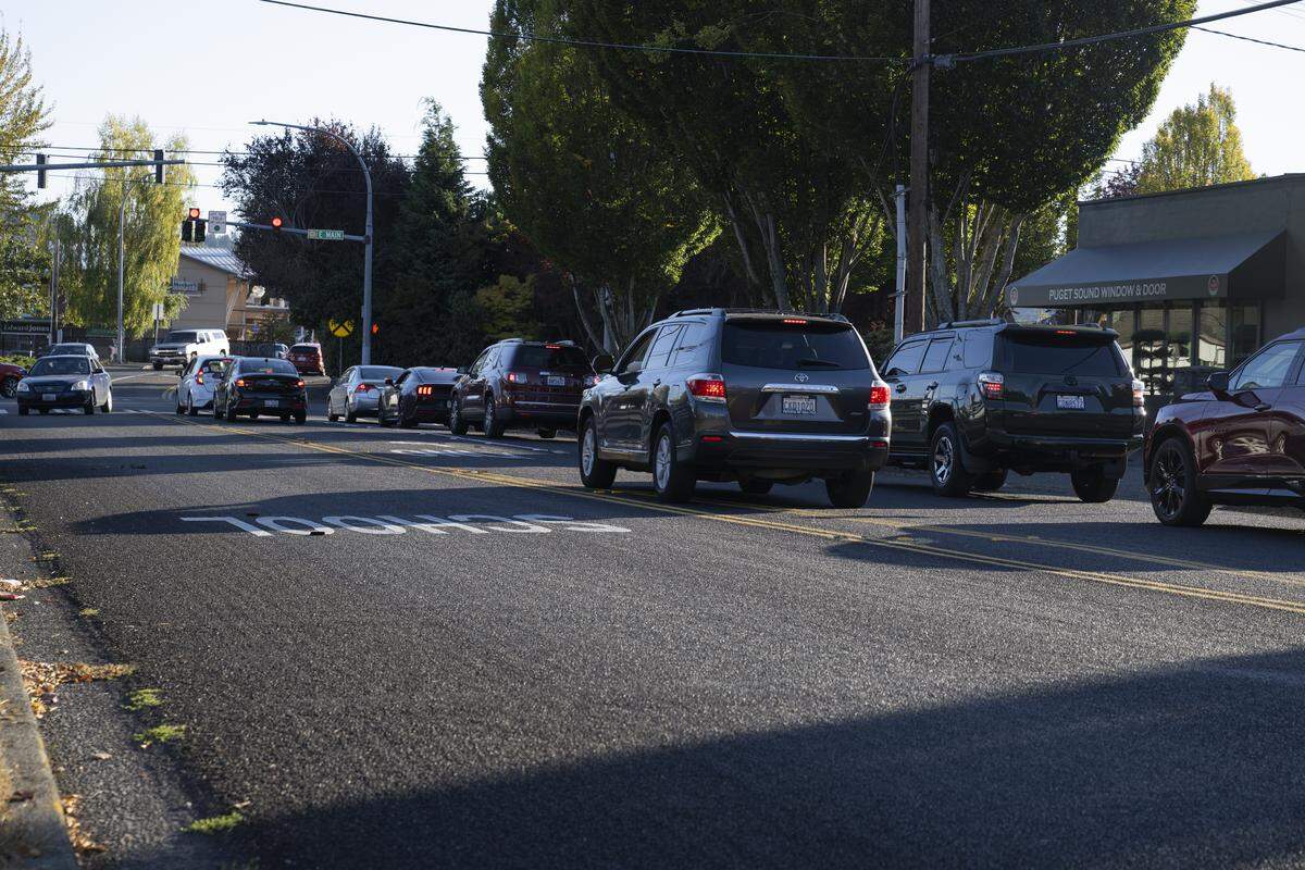Residents say that a residential section near 5th St NW & W Main Ave has become dangerous as cars use it as a cut though to avoid backups, on Tuesday, Oct. 14, 2025, in Puyallup.