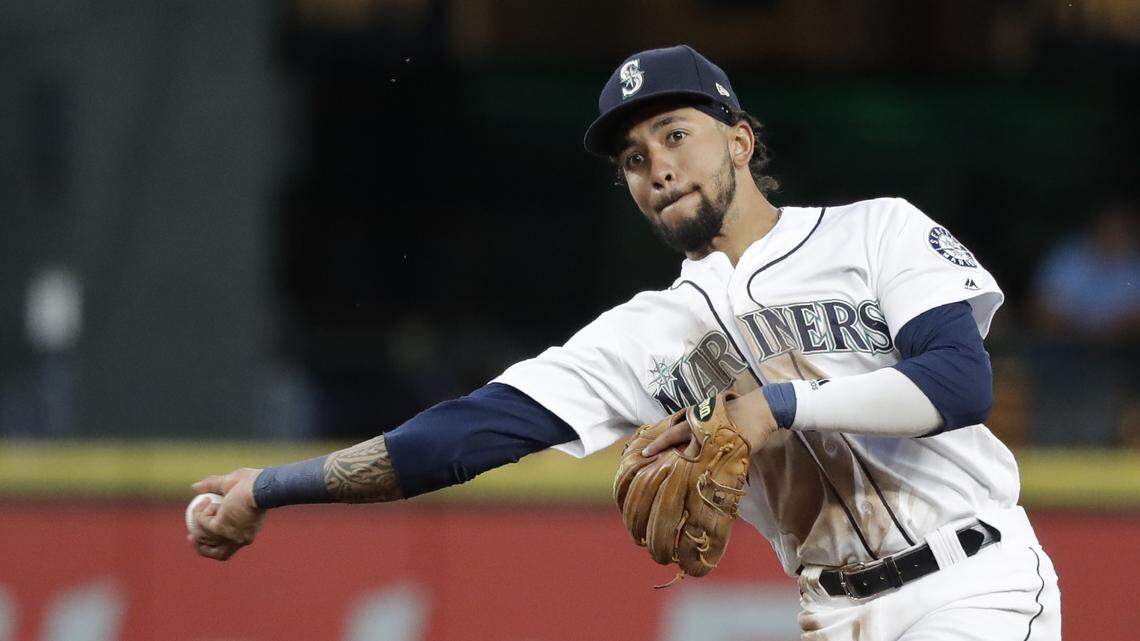 Seattle Mariners shortstop J.P. Crawford in action against the Texas Rangers in a baseball game Monday, July 22, 2019, in Seattle.