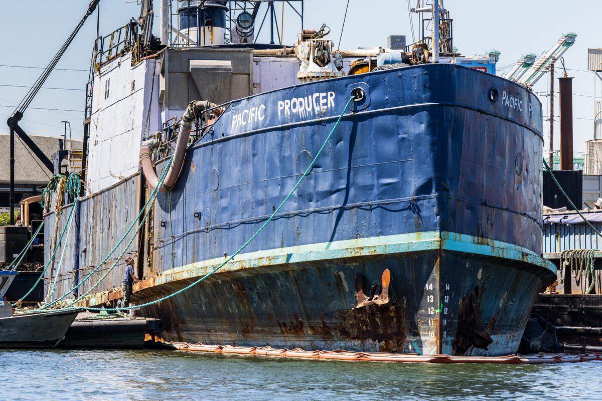 The Pacific Producer, a large abandoned vessel, docked in a waterway off Commencement Bay in Tacoma, Wash., as seen July 15, 2025.