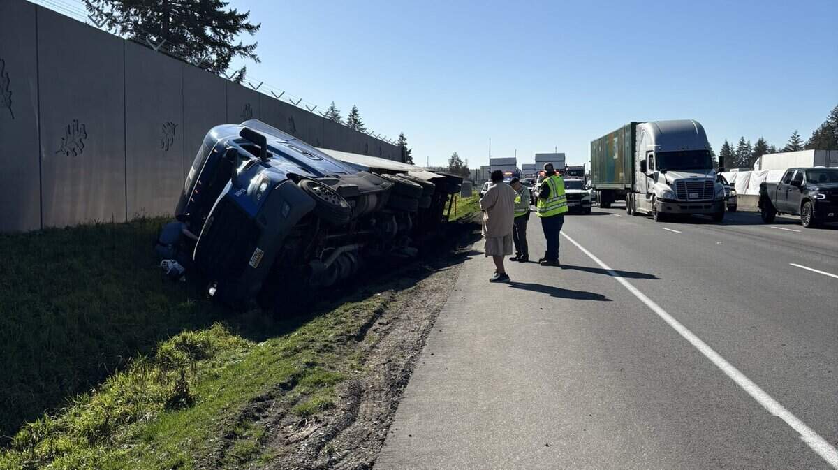 Washington State Patrol is working to get an overturned semi-truck removed on Feb. 27, 2025 at northbound Interstate 5 in Pierce County.