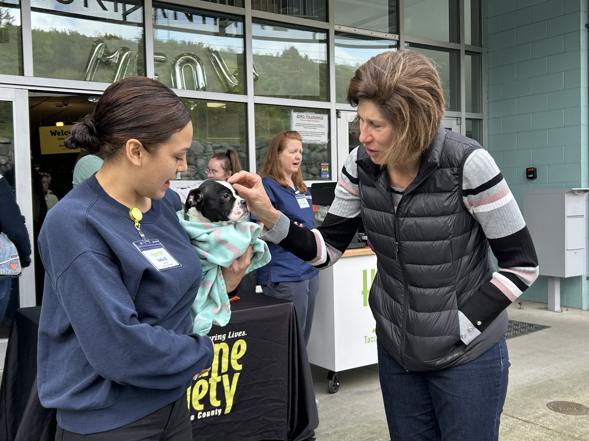 An attendee pets a puppy from the Humane Society at the unveiling of the organization’s new mobile veterinary clinic.