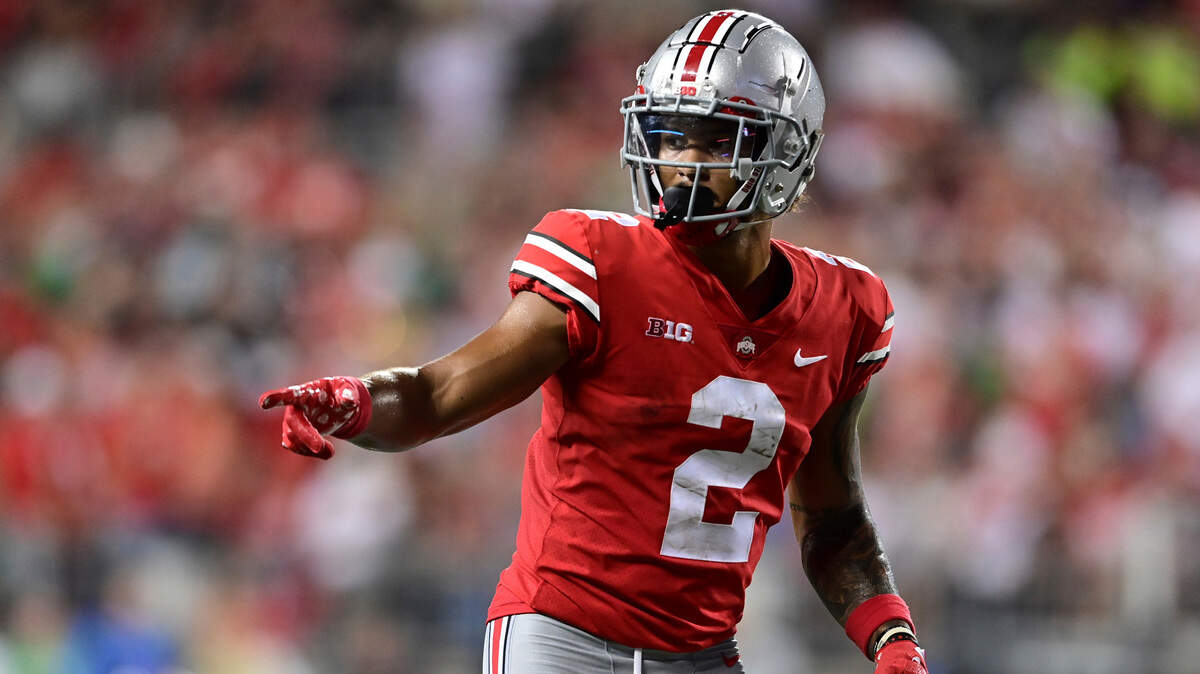 Ohio State wide receiver Emeka Egbuka lines up during the second quarter of an NCAA college football game against the Notre Dame, Saturday, Sept. 3, 2022, in Columbus, Ohio. Ohio State won 21-10. (AP Photo/David Dermer)