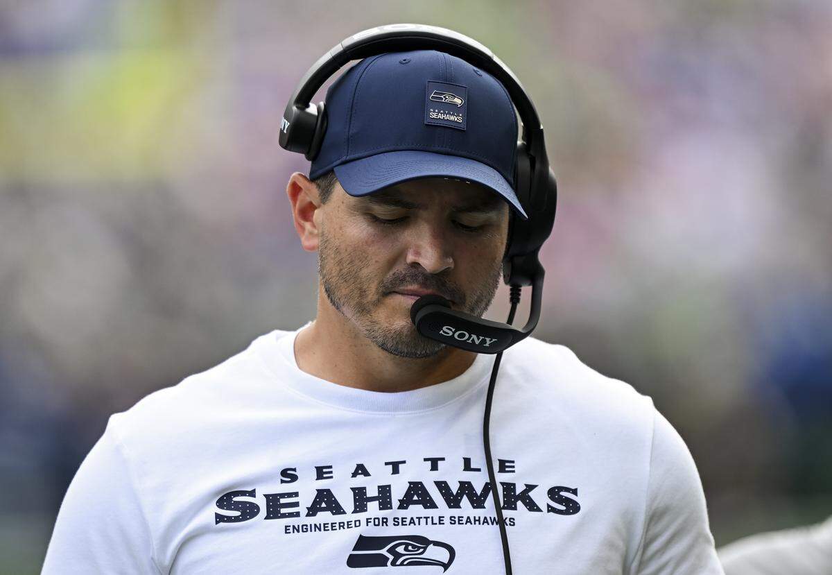 Seattle Seahawks head coach Mike Macdonald looks during the fourth quarter of the game during the fourth quarter at Lumen Field, on Sunday, Sept. 7, 2025, in Seattle.