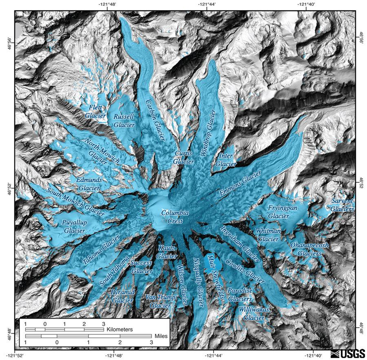 Glaciers of Mount Rainier overlaid on a base map LIDAR image showing topography.