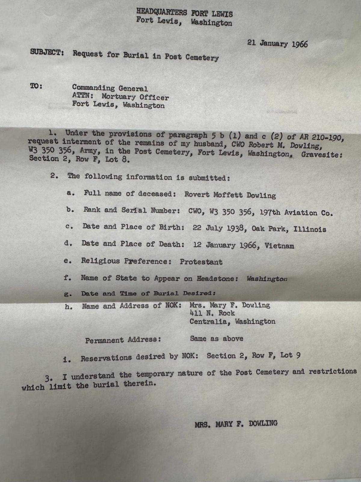 This document from Fort Lewis in 1966 confirms that Mary Dowling had a reserved plot next to her husband’s in the base’s cemetery.