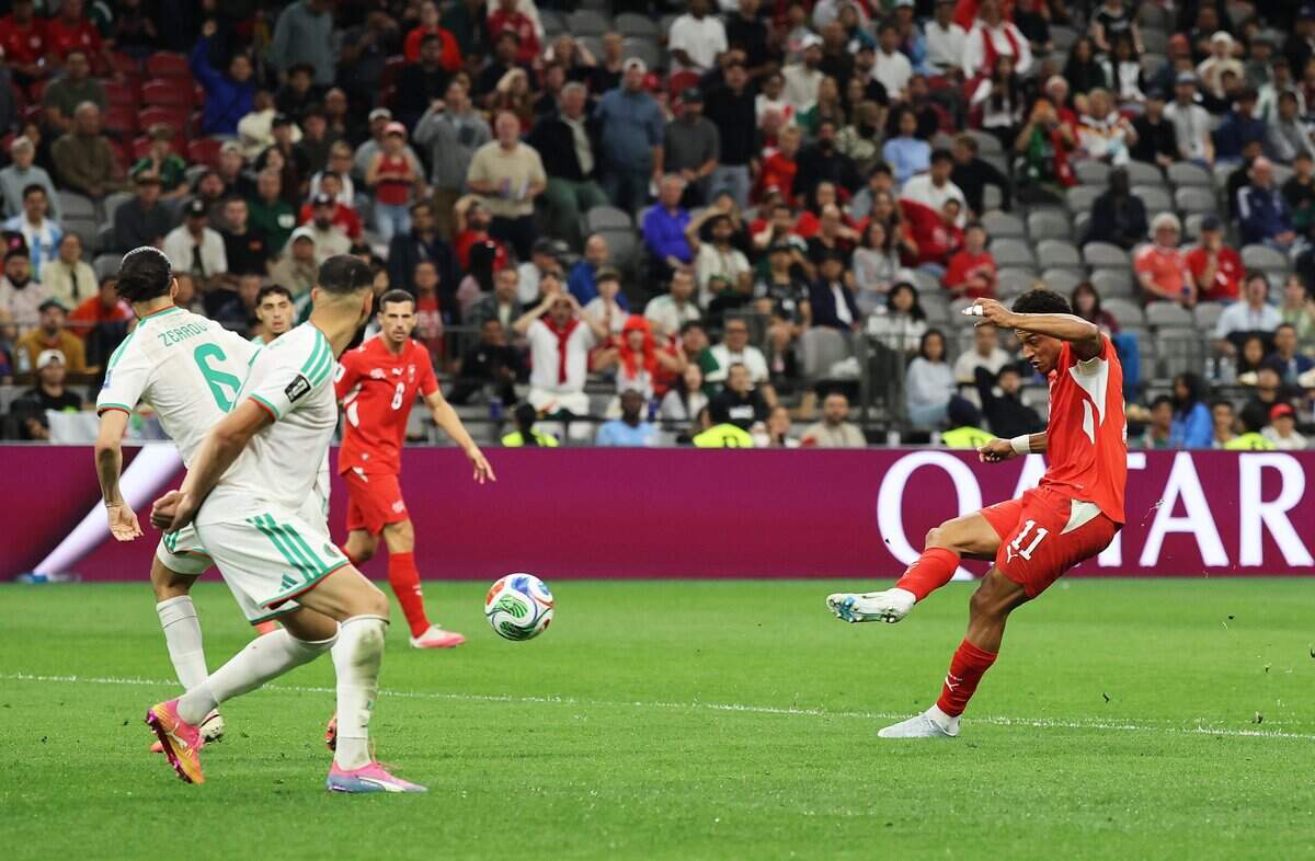 VANCOUVER, BRITISH COLUMBIA - JULY 02: Dan Ndoye #11 of Switzerland scores his team's second goal during the FIFA World Cup 2026 Round of 32 match between Switzerland and Algeria at BC Place Vancouver on July 02, 2026 in Vancouver, British Columbia. (Photo by Alex Grimm/Getty Images)