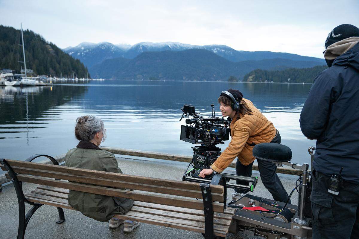 Sally Field  (left) as Tova and Cinematographer Ashley Connor on the set of Remarkably Bright Creatures. 