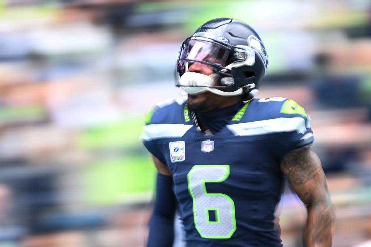 Seattle Seahawks safety Quandre Diggs (6) is announced before the game against the Arizona Cardinals at Lumen Field, Sunday, Oct. 22, 2023, in Seattle, Wash.