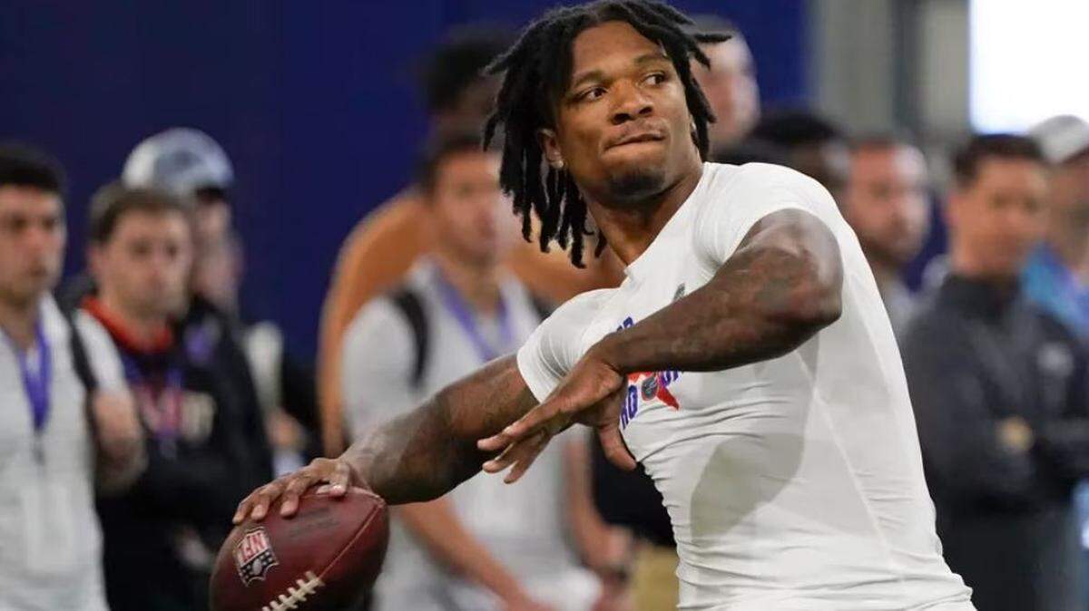 Anthony Richardson completed 55 of his 62 passes working out at his University of Florida Pro Day in Gainesville on March 30, 2023.
