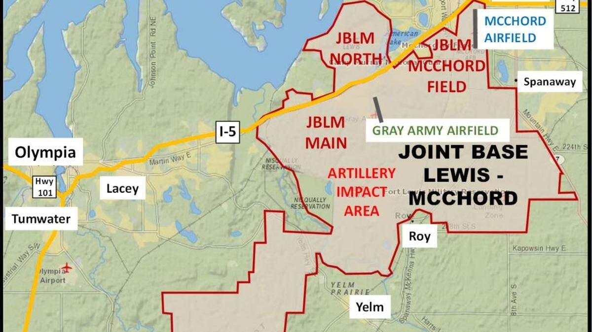 A map of Joint Base Lewis-McChord and nearby communities.