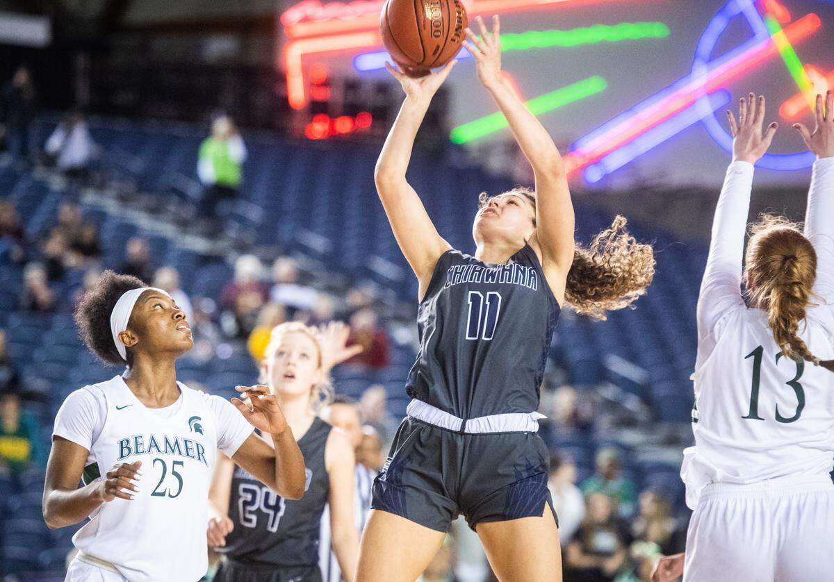 Chiawana’s Talia VonOelhoffen shoots during the fourth quarter. Todd Beamer played Chiawana in a basketball game at Hardwood Classic at the Tacoma Dome in Tacoma, Wash., on Friday, March 6, 2020.