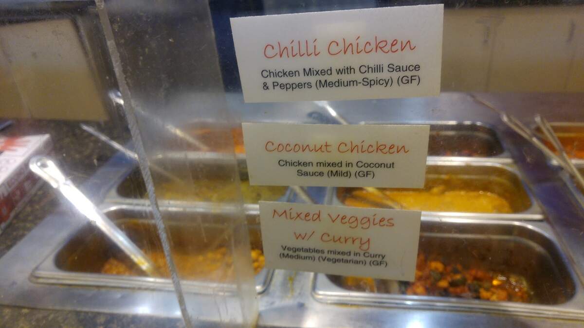 A selection of steamtable offerings from Lotus Grill Indian Kitchen from South Hill Mall.