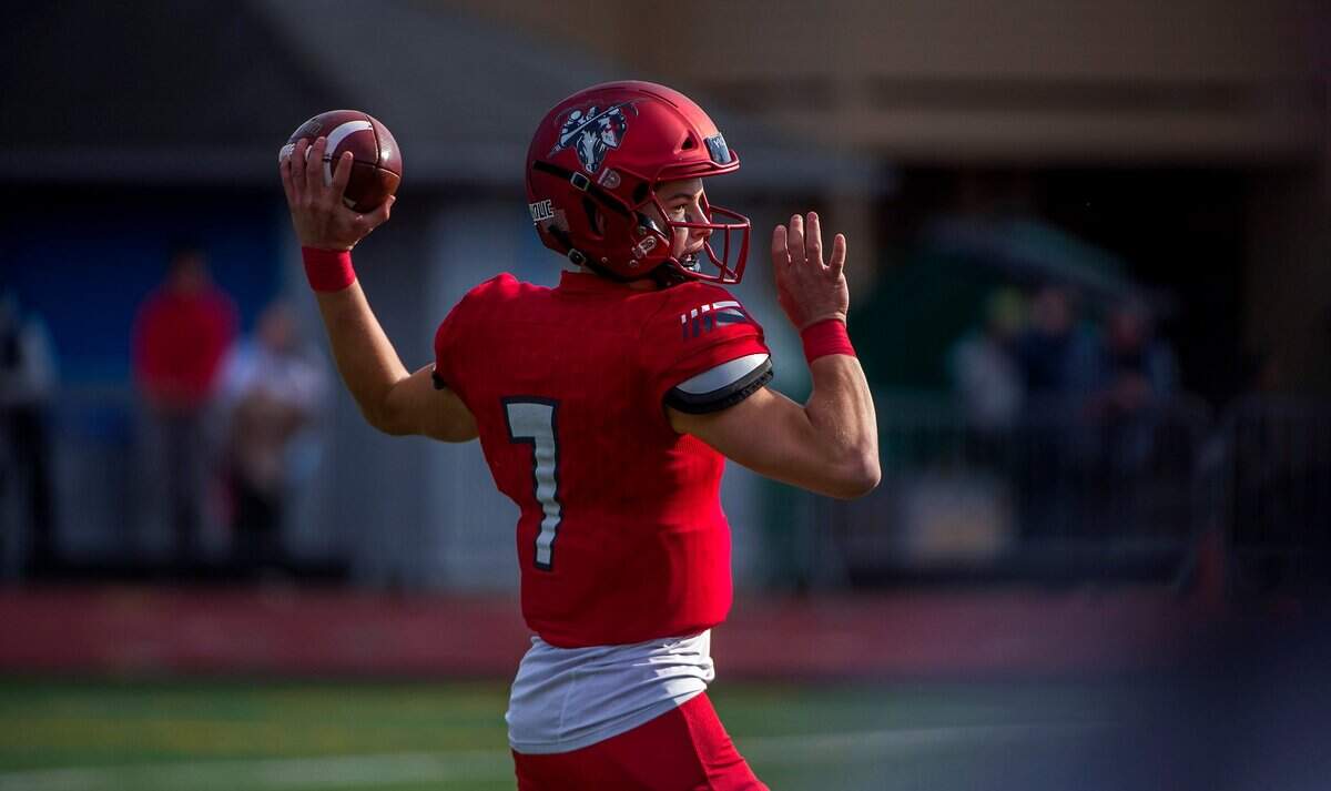 Sophomore quarterback Sam Huard of Kennedy Catholic High School throws in a football game against Todd Beamer on Saturday, Oct. 6, 2018 at Highline Memorial Stadium in Burien.