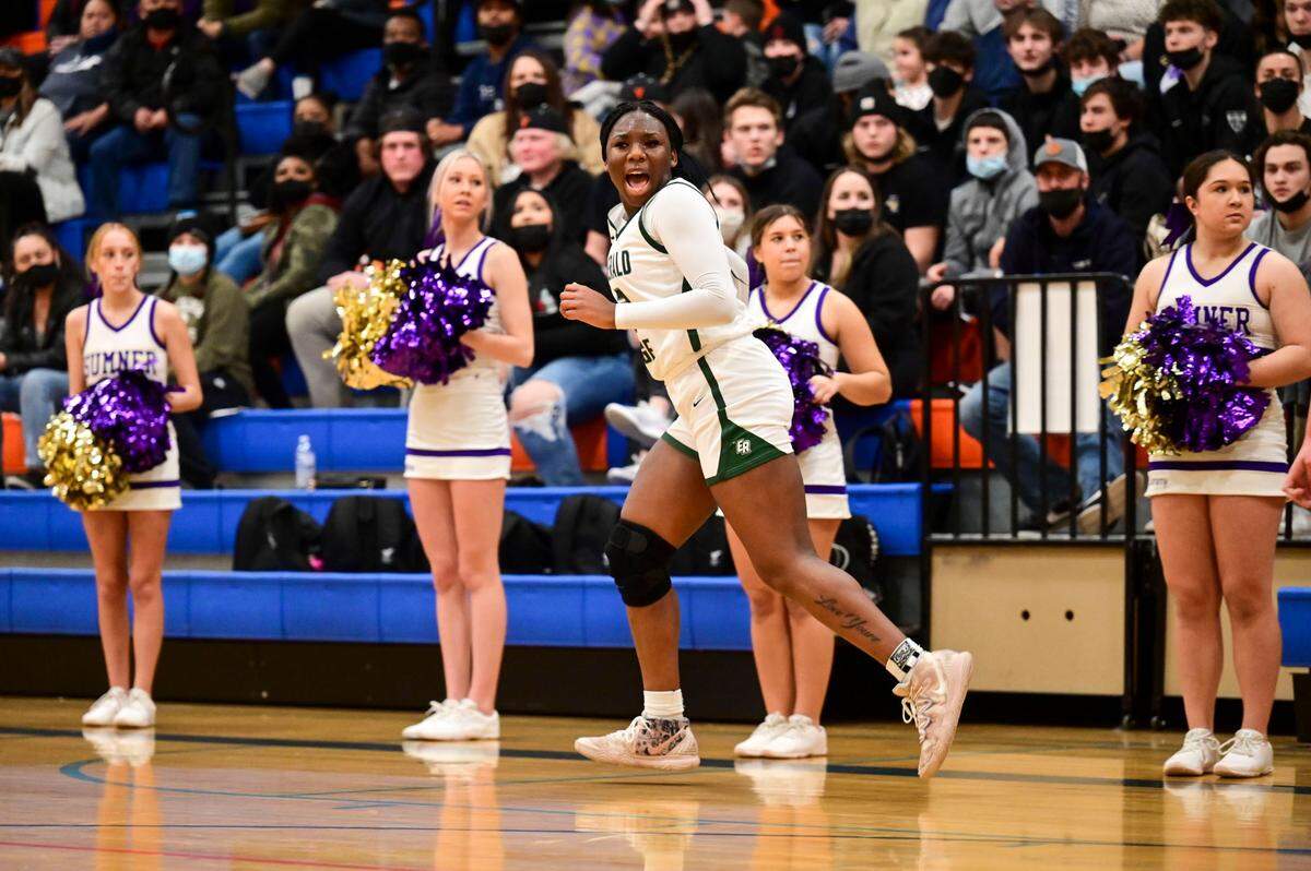Emerald Ridge guard Kali Haizlip (2) celebrates after making a 3-pointer in the first quarter of a 4A South Puget Sound League tournament championship game against Sumner on Saturday, Feb. 5, 2022, at Graham-Kapowsin High School in Graham, Wash.