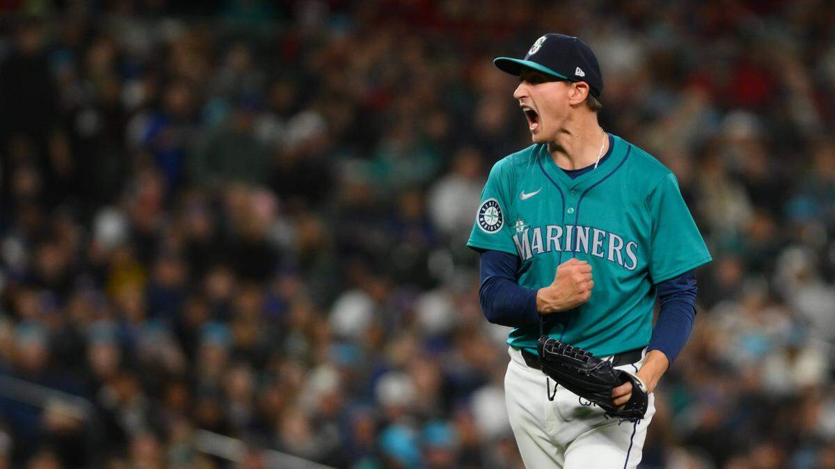 Apr 27, 2024; Seattle, Washington, USA; Seattle Mariners starting pitcher George Kirby (68) celebrates after the final out against the Arizona Diamondbacks during the seventh inning at T-Mobile Park. Mandatory Credit: Steven Bisig-USA TODAY Sports