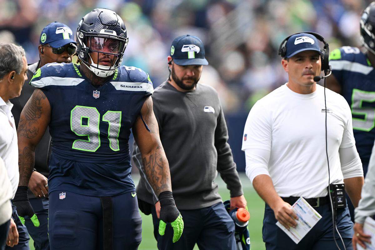 Seattle Seahawks defensive tackle Byron Murphy II (91) comes offf the field during the second quarter of the game against the Miami Dolphins at Lumen Field, on Sunday, Sept. 22, 2024, in Seattle, Wash.
