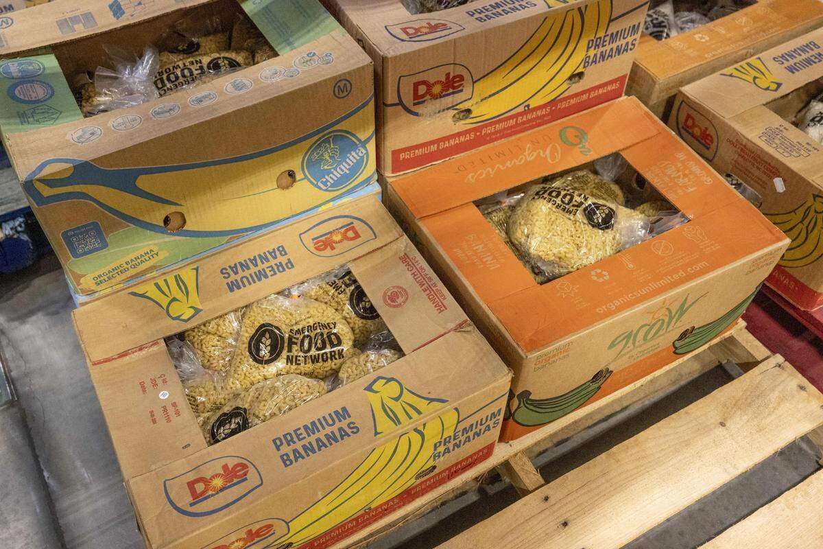 Donated goods sit in an Emergency Food Network warehouse on Tuesday, Oct. 28, 2025, in Tacoma, Wash.