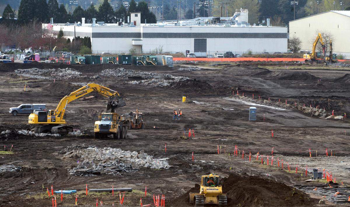 Ground work is under way at the Bridge Industrial warehouse site in South Tacoma on Friday, March 29, 2024.