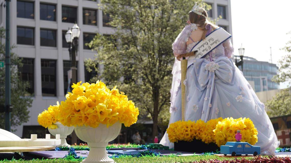 Bouquets of daffodils adorn the Port Orchard Fathoms O’ Fun Festival float in the 92nd Daffodil Festival Grand Floral Parade on Saturday, April 5, 2025.