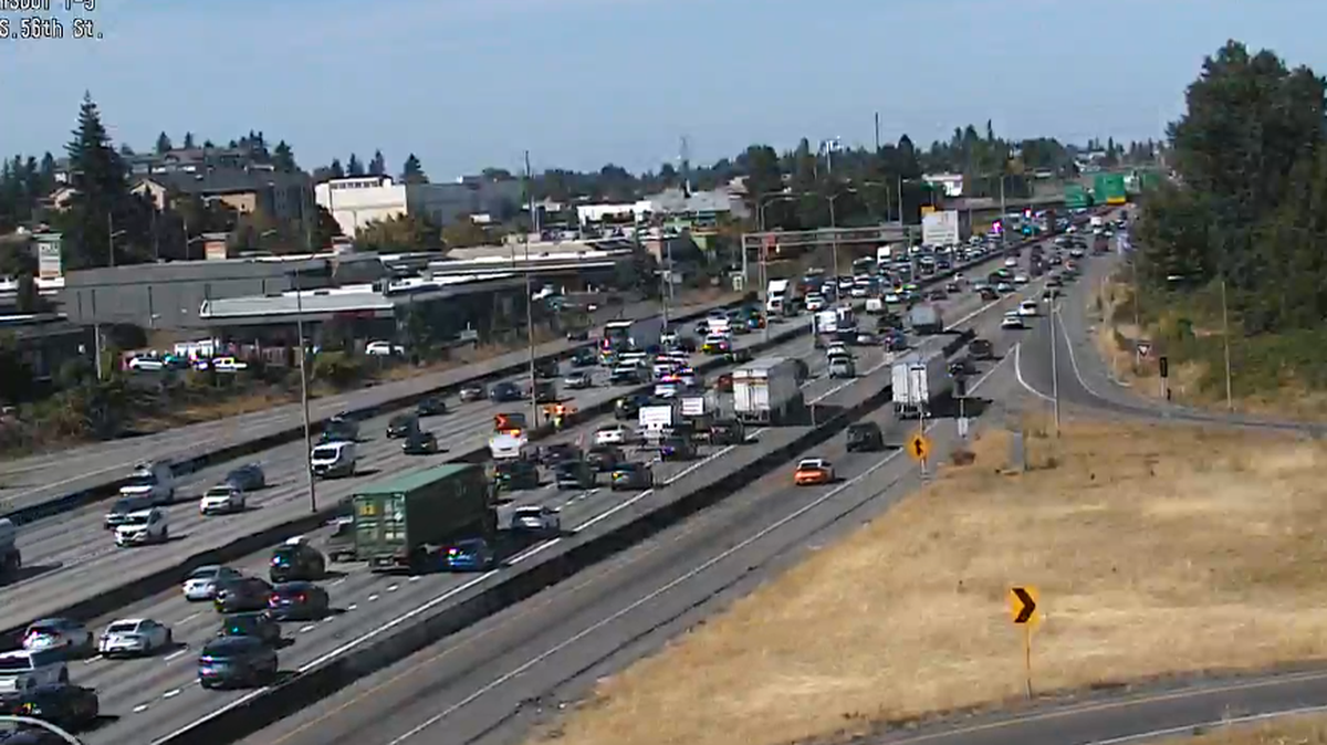 Traffic backed up on Interstate 5 near South 56th Street in Tacoma after a fatal crash involving a motorcycle rider on August 21, 2025