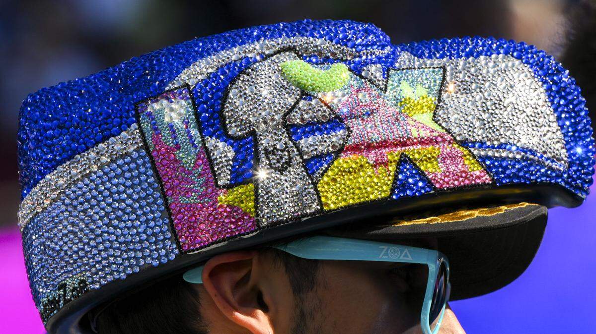 A fan wears a custom designed Seahawks logo foam hat prior to the start of Super Bowl LX at Levi's Stadium on Feb. 8, 2026 in Santa Clara, Calif.