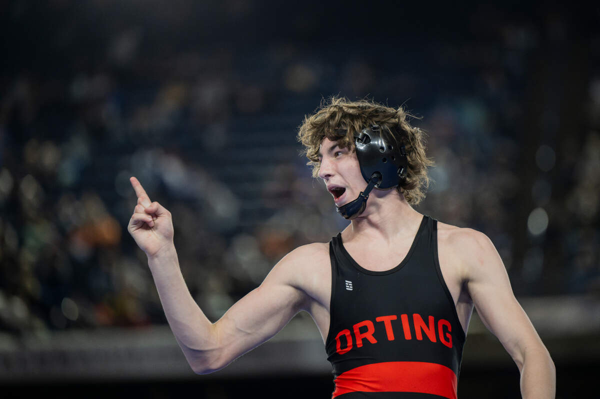 Orting’s Quentin Harding reacts to his victory over West Valley’s Logan Utecht in the 138-pound 2A championship during day two of the Mat Classic XXXV at the Tacoma Dome on Saturday, Feb. 17, 2024, in Tacoma, Washington.