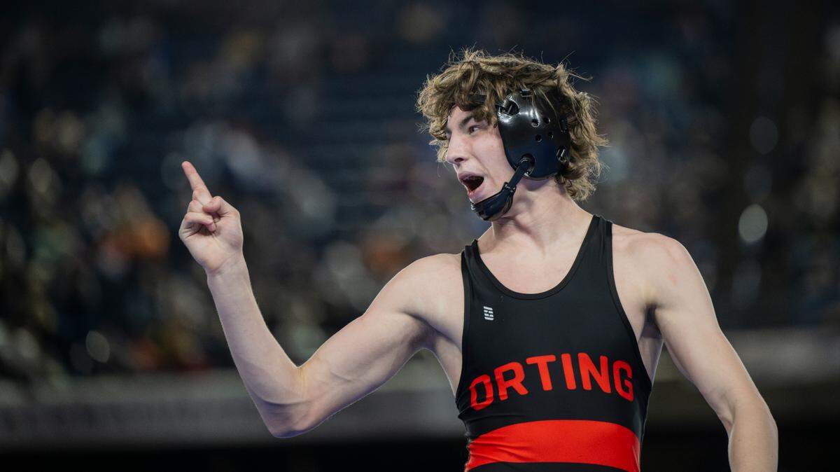 Orting’s Quentin Harding reacts to his victory over West Valley’s Logan Utecht in the 138-pound 2A championship during day two of the Mat Classic XXXV at the Tacoma Dome on Saturday, Feb. 17, 2024, in Tacoma, Washington.