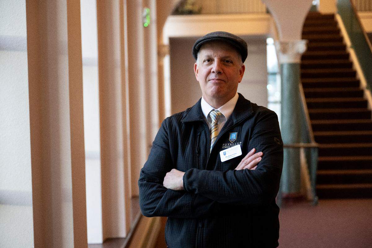 Superintendent Dr. John Polm poses for a portrait at Puyallup High School, on Wednesday, Jan. 17, 2024, in Puyallup, Washington.