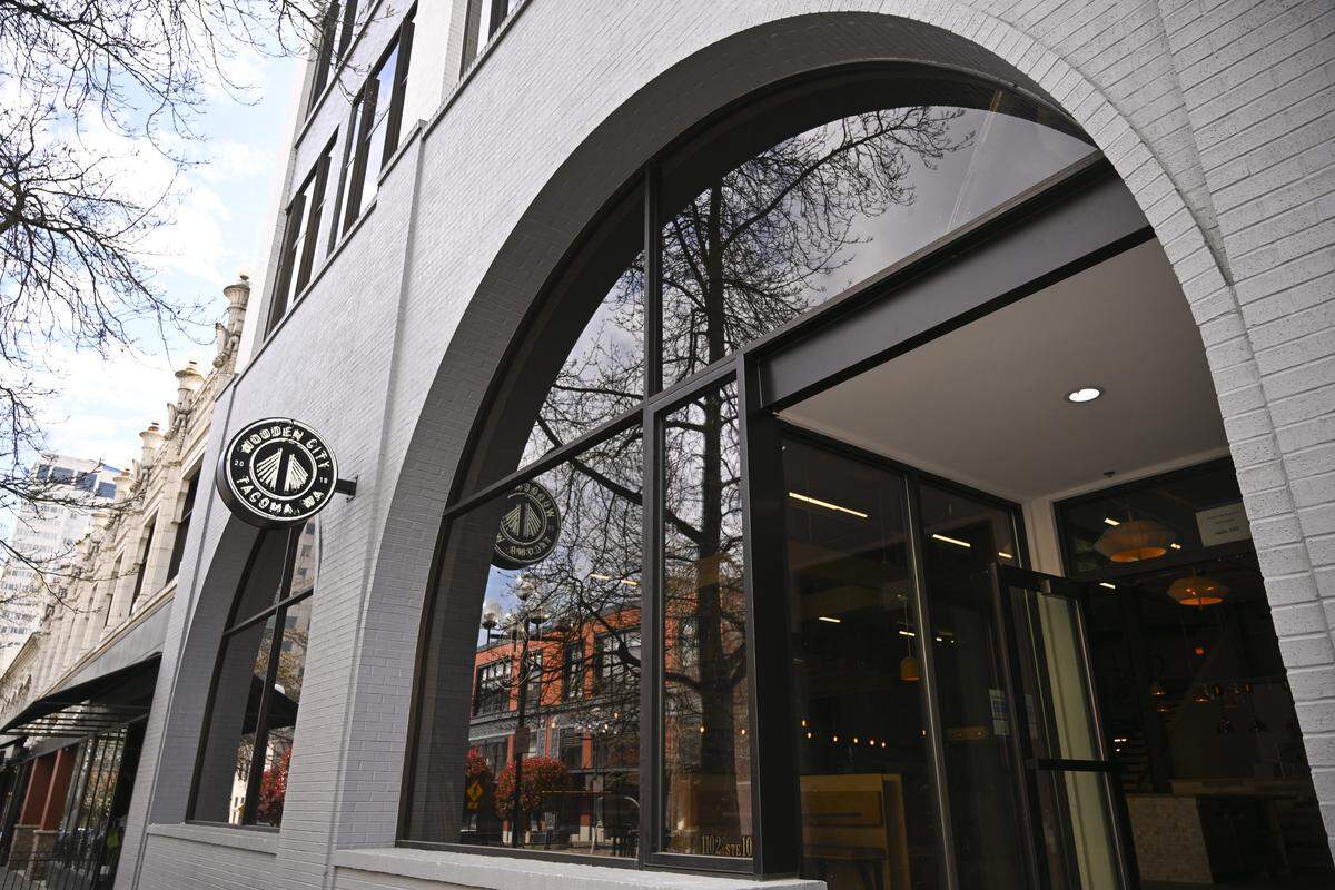 The entrance to Wooden City is pictured on Friday, April 10, 2026, in Tacoma, Wash.