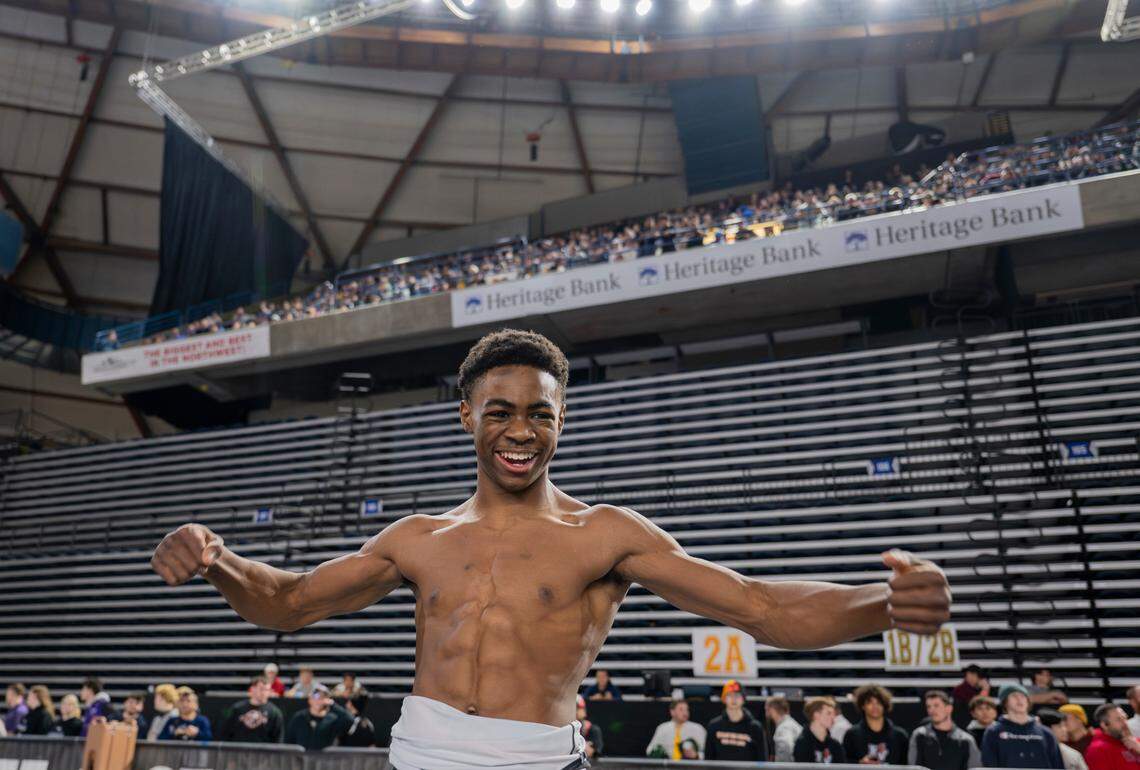 Orting’s Dominic Thomas reacts to his victory over Othello’s Isaac Campos in the 113-pound 2A championship match during day two of the Mat Classic XXXV at the Tacoma Dome on Saturday, Feb. 17, 2024, in Tacoma, Washington.