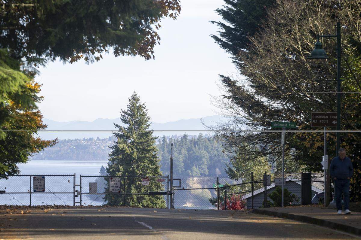 A view stretches out past the entrance of apartment complex Norwegian Wood on Tuesday, Nov. 11, 2025, in Gig Harbor, Wash.