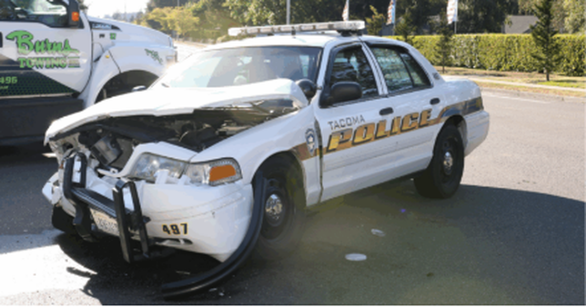 A Tacoma police car was involved in a crash with a Lincoln Continental Aviator at the intersection of South 56th and South Cheyenne streets on Aug. 28, 2020.