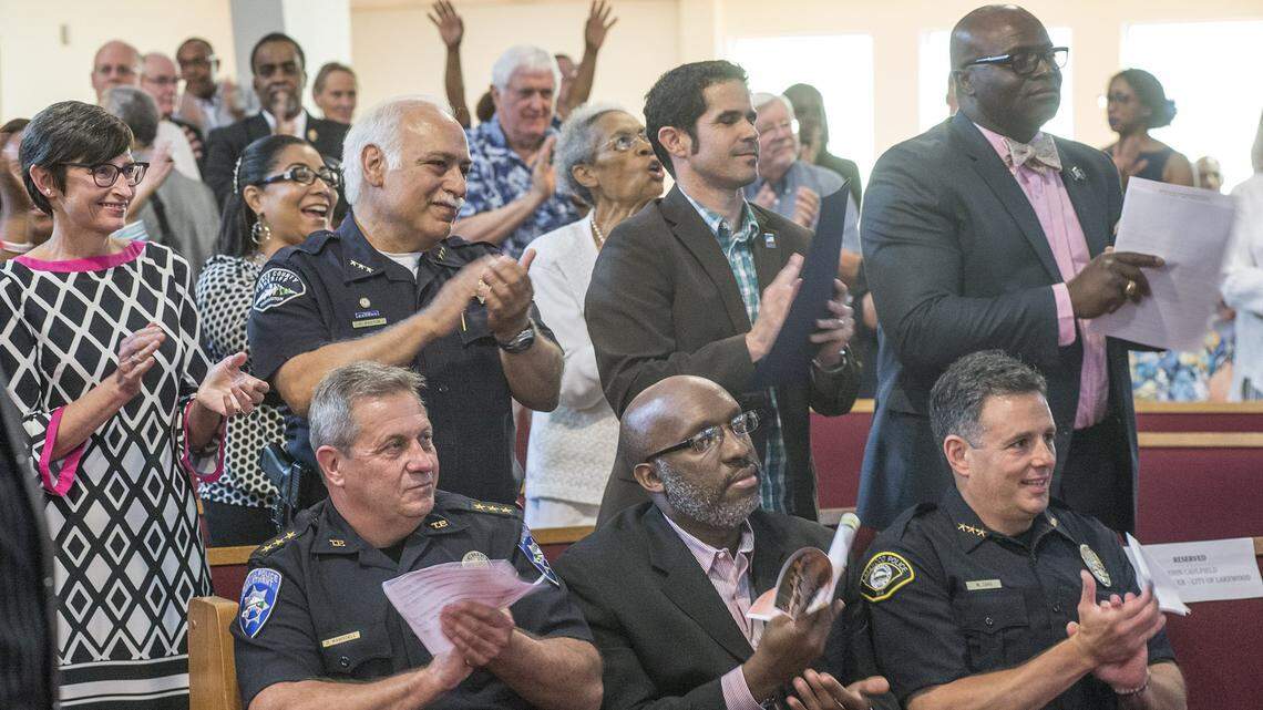 Members of Tacoma’s law enforcement, government and African American communities participate in a “Hate Won’t Win” event at Bethlehem Baptist Church in August 2015. The guest speaker was Alana Simmons, the granddaughter of Daniel L. Simmons, Sr., one of nine people murdered at a Charleston, South Carolina church by Dylan Roof.