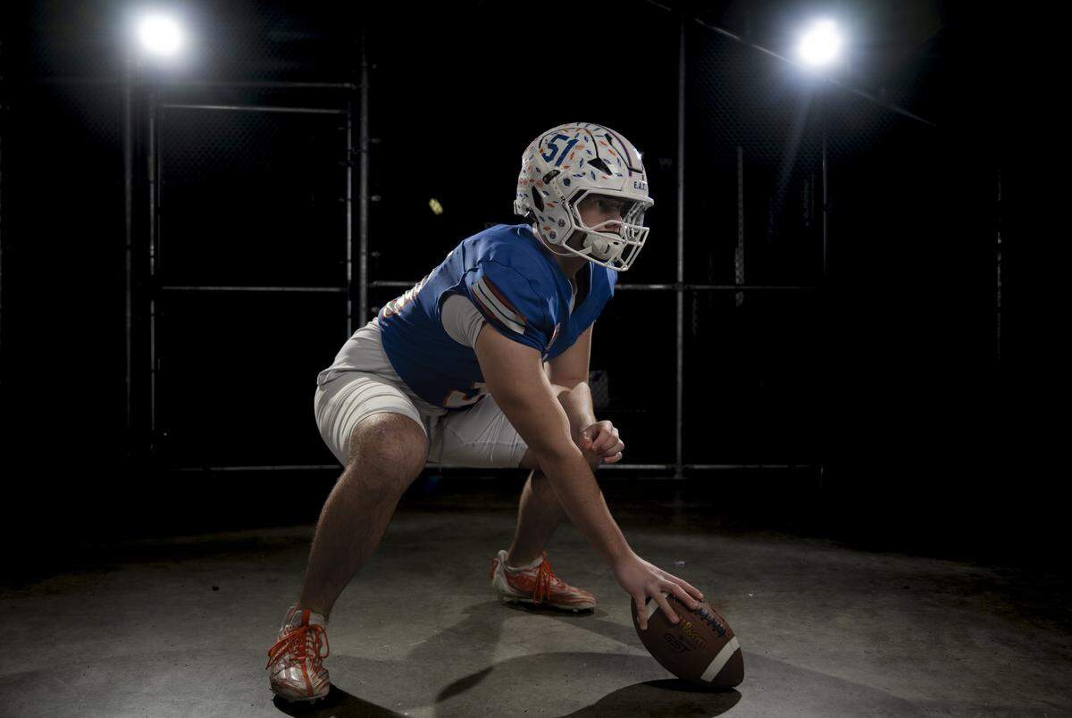 Graham-Kapowsin senior center Douglas Peterson poses for a portrait after being selected as first-time offense for The News Tribune’s 2025 All-Area football team at Mount Tahoma High School, on Sunday, Dec. 7, 2025, in Tacoma, Wash.