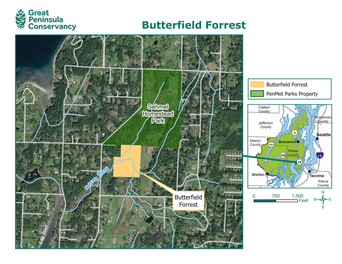 A map shows where Butterfield Forrest will connect to Sehmel Homestead Park near Gig Harbor, Wash.