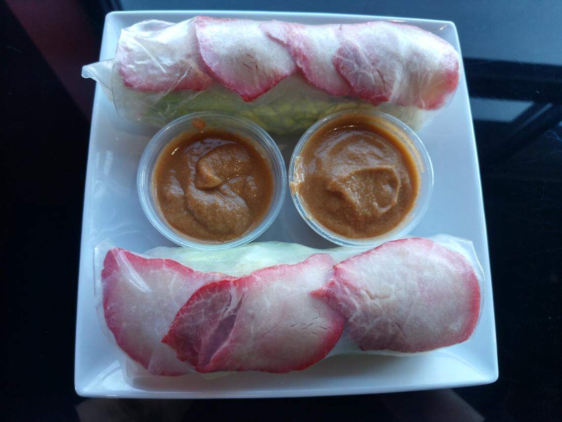 Barbecue pork fresh spring rolls filled with pork, noodles and vegetables, from Fresh Rolls.