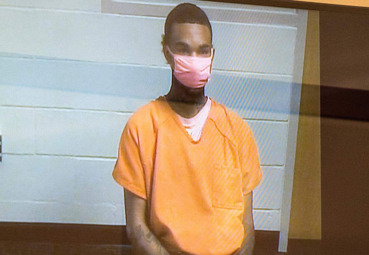 Nazieere D’Michael Thomas, 20, appears in court for his arraignment after being charged with first-degree murder, second-degree murder, first-degree robbery and other charges relating to an incident where a woman was shot and killed in the driver’s seat of a car parked outside a motel at 8820 S. Hosmer St. on July 23, 2022, at the Pierce County Superior Court in Tacoma, Wash. on Thursday, July 28, 2022.