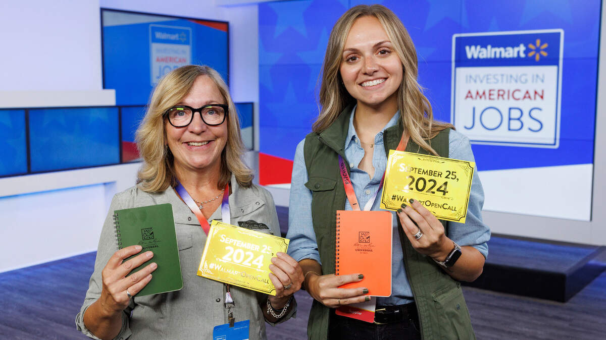 Jenny Brady (left) and Cassey Regan of Rite in the Rain at Walmart’s Open Call event in Bentonville, Arkansas. The Fife company won a “Golden Ticket” to market products with the retailer.