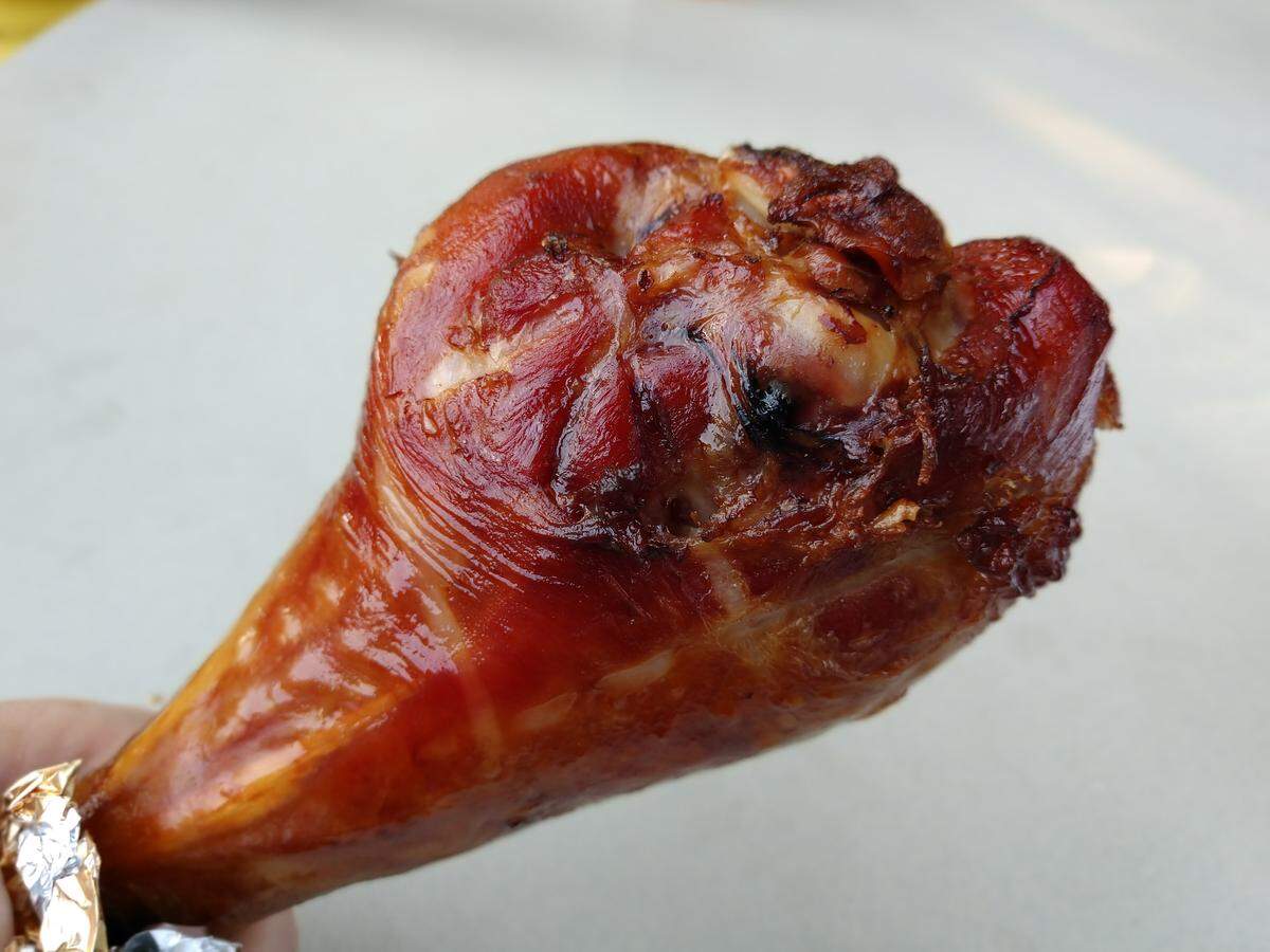 Find this turkey leg at the Young Life BBQ booth near the Blue Gate at the Washington State Fair.